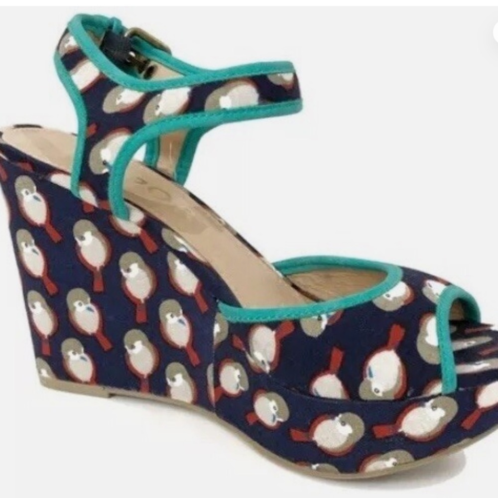 Report Women's Retro Chunky Shala Wedges - Navy and Turquoise Birds Size 6